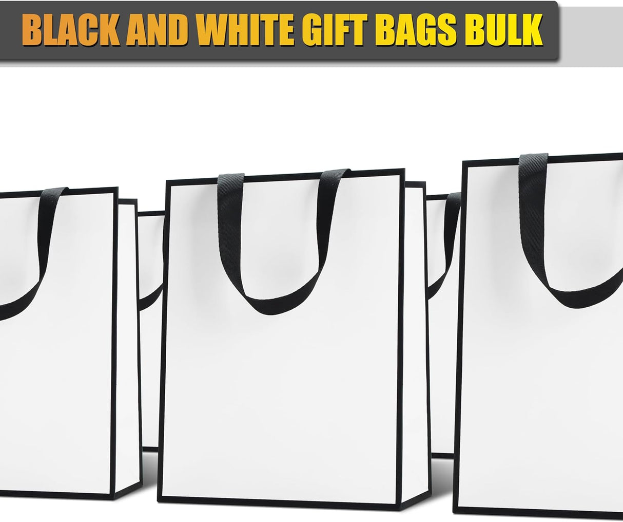 YUEYANG Bolsas de regalo medianas en blanco y negro, paquete de 10 bolsas de regalo de 8 x 4.25 x 10.5 pulgadas con asas de cinta para bodas, cumpleaños, vacaciones, venta al por menor, tienda,