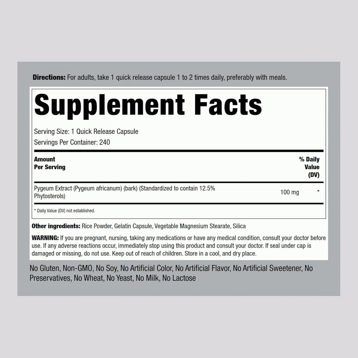 Suplemento de Pygeum Piping Rock 100mg 240 Cápsulas Non-GMO
