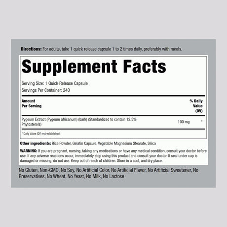 Suplemento de Pygeum Piping Rock 100mg 240 Cápsulas Non-GMO