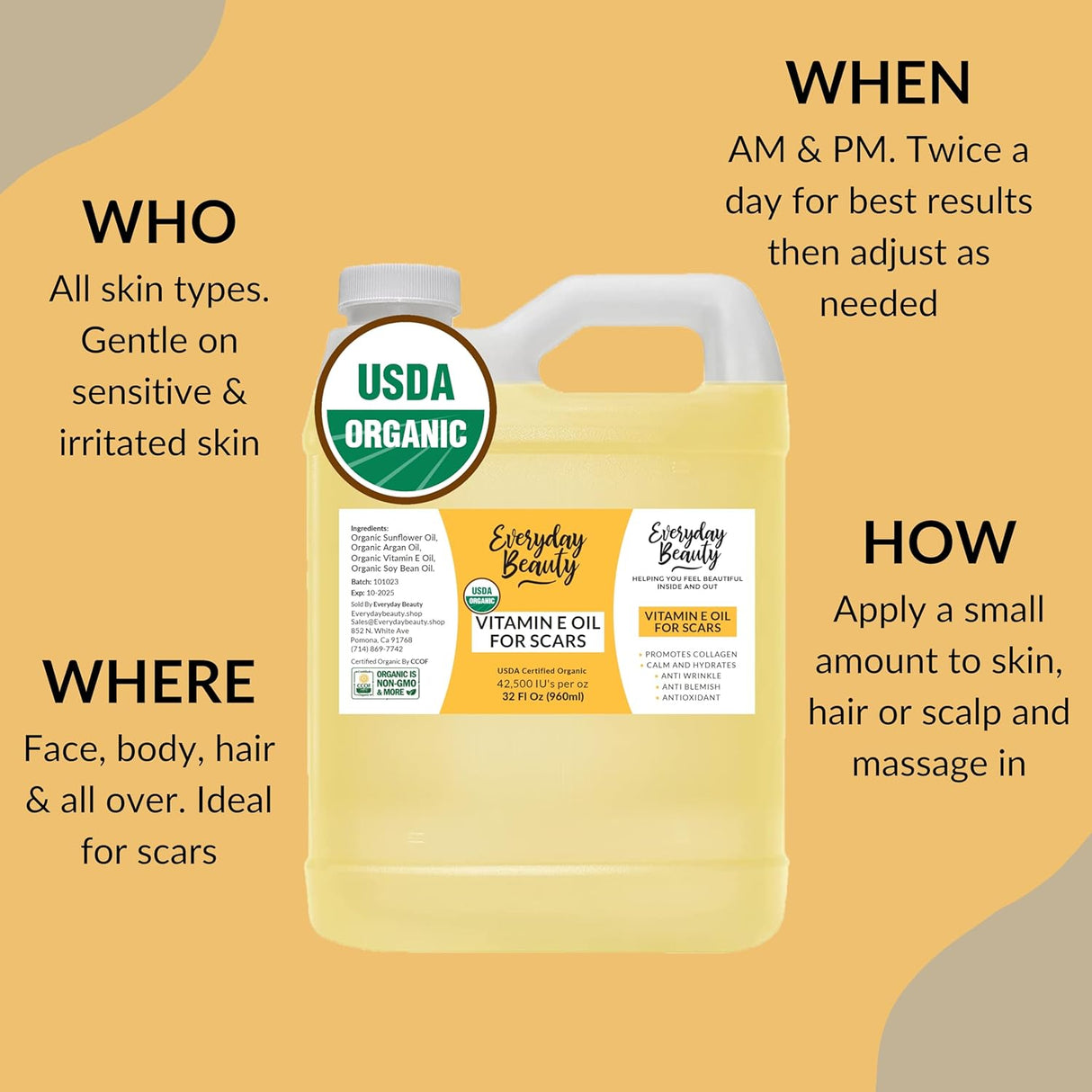 Aceite de Vitamina E Orgánica USDA Cert. Para Cicatrices y Piel