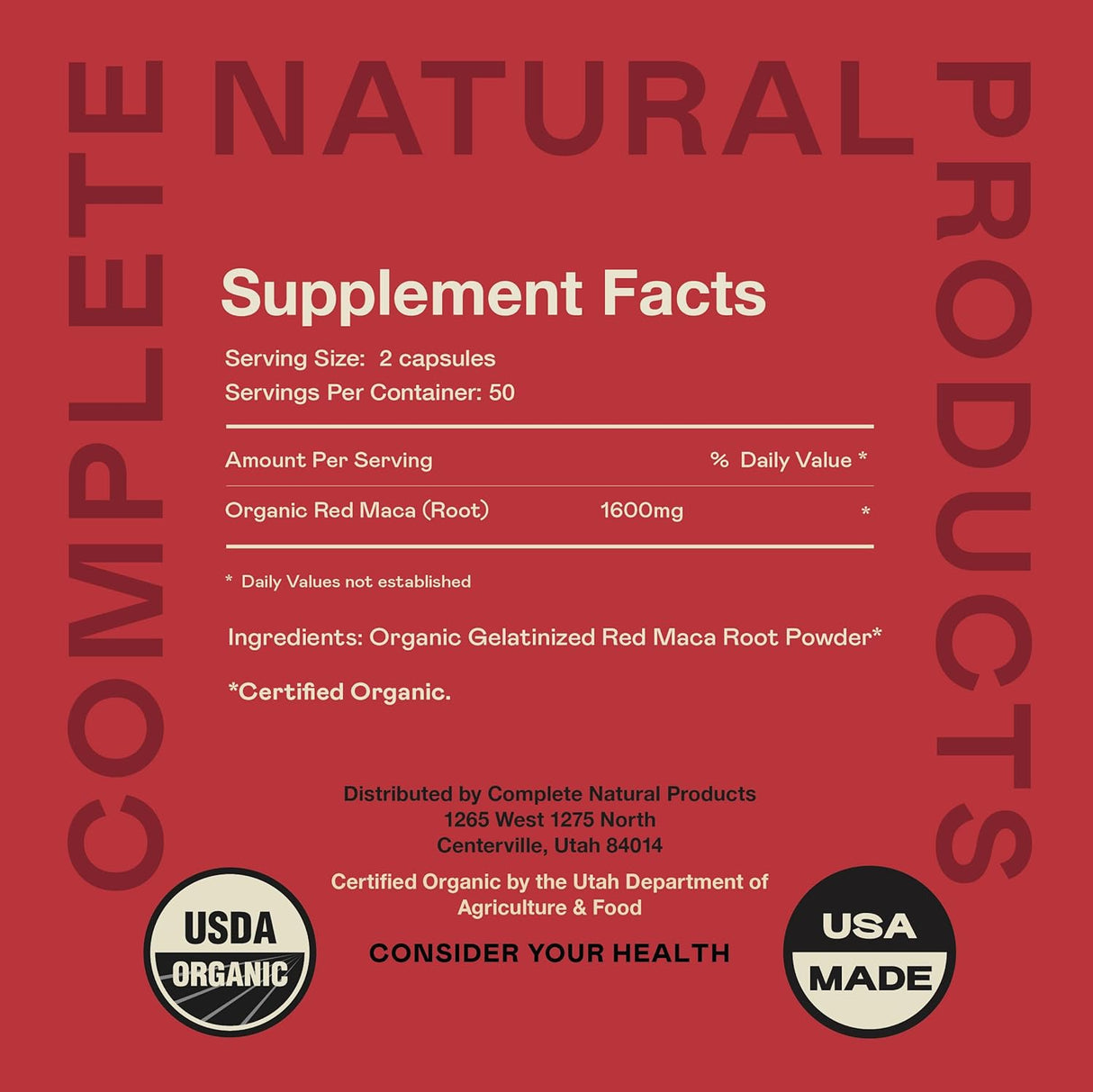 Capsulas de Maca Roja Orgánica - 800mg, 100 cápsulas, pura en polvo