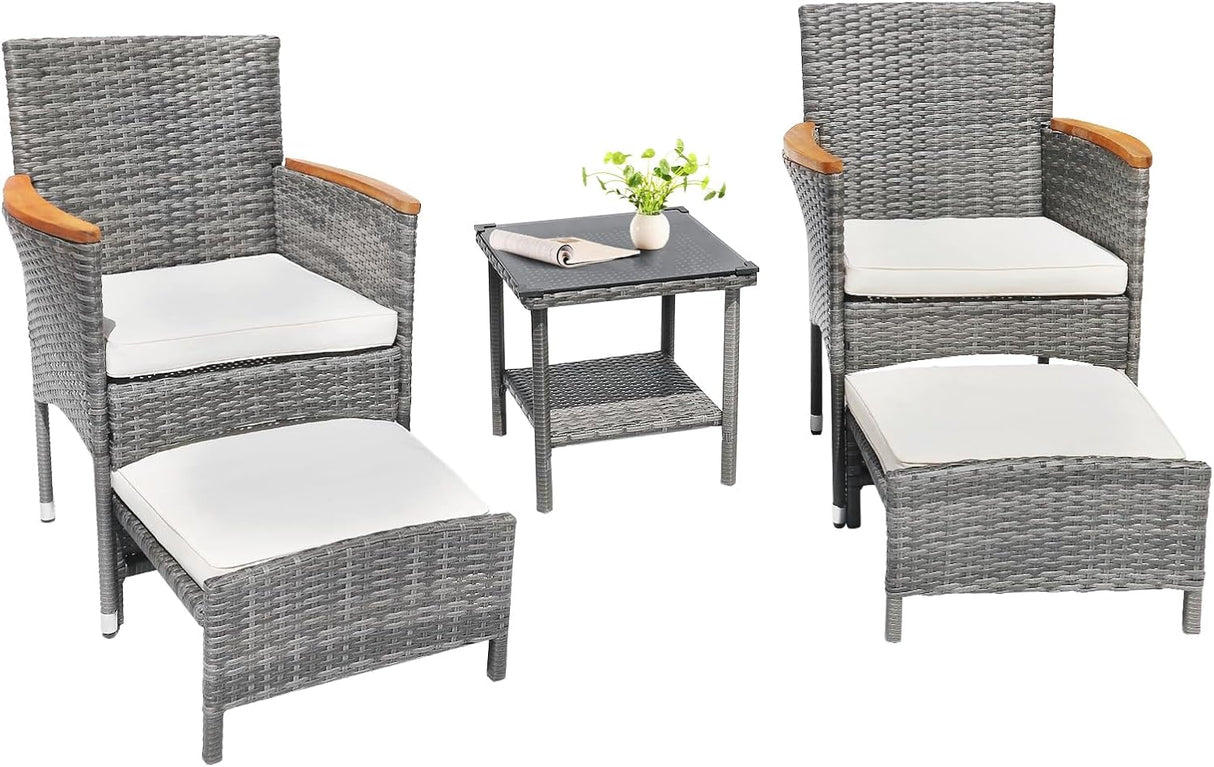 Juego de 5 muebles de patio al aire libre con mesa y otomana de ratán de polietileno para exteriores, juego de 2 sillas de jardín para exteriores, juegos de conversación para porche, balcón, piscina y terraza