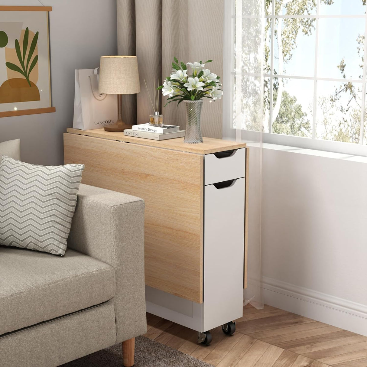Mesa de Comedor Plegable, con Cajón y Ruedas, Modelo 2023
