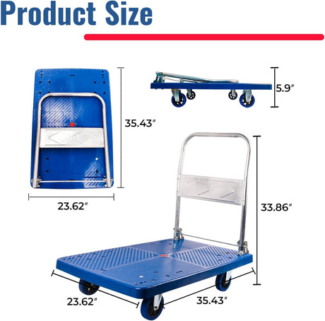 Carretilla Plataforma Plegable 660lbs, Ruedas Giratorias, 35.43x23.62