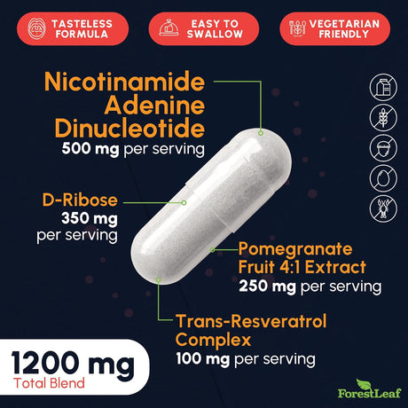 Suplemento de NAD+, MaxBoost, Antienvejecimiento, 60 Caps