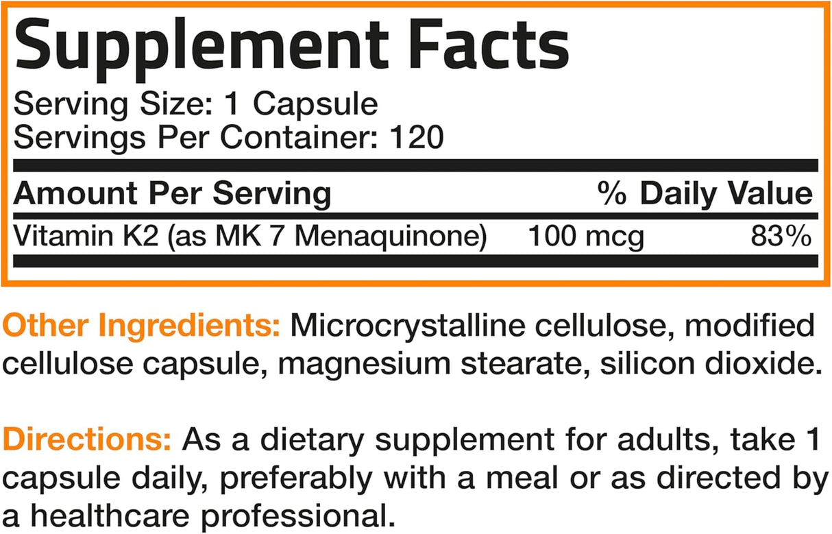 Suplemento de Vitamina K2 MK-7 100 mcg Bronson 120 Cápsulas