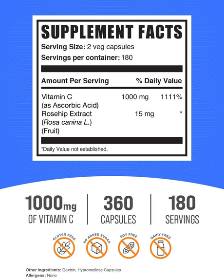 Vitamina C con Rosa Hips BulkSupplements 1000mg 360 cápsulas