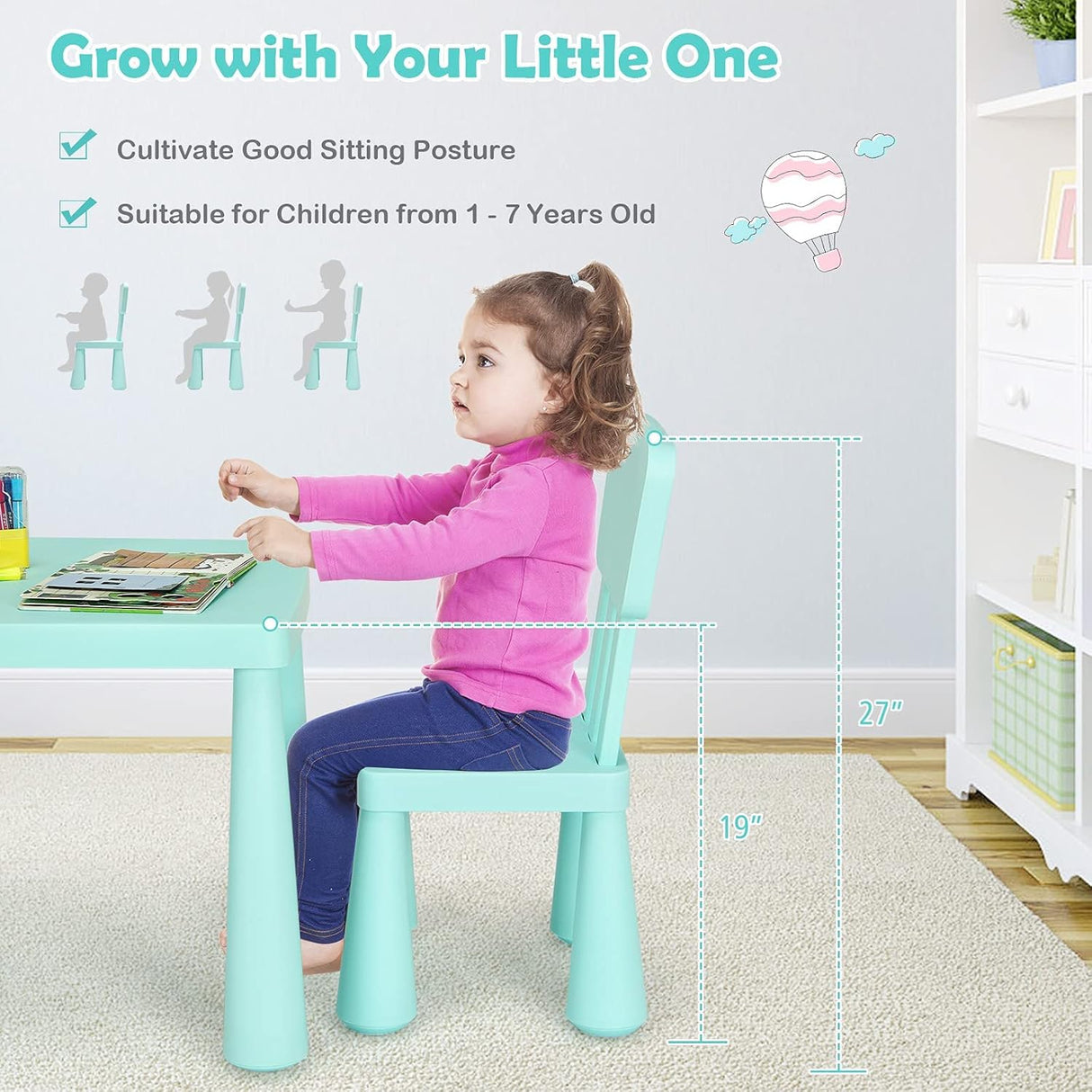 Juego de mesa y silla para niños 3 piezas de plástico