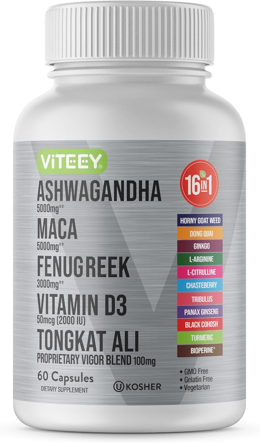 Viteey Ashwagandha 5000mg, Maca, Fenugreek, D3, Tongkat 60 cápsulas