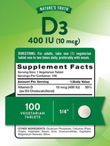 Vitamina D3 Nature's Truth 400 IU 100 tabletas Vegetarianas Non-GMO