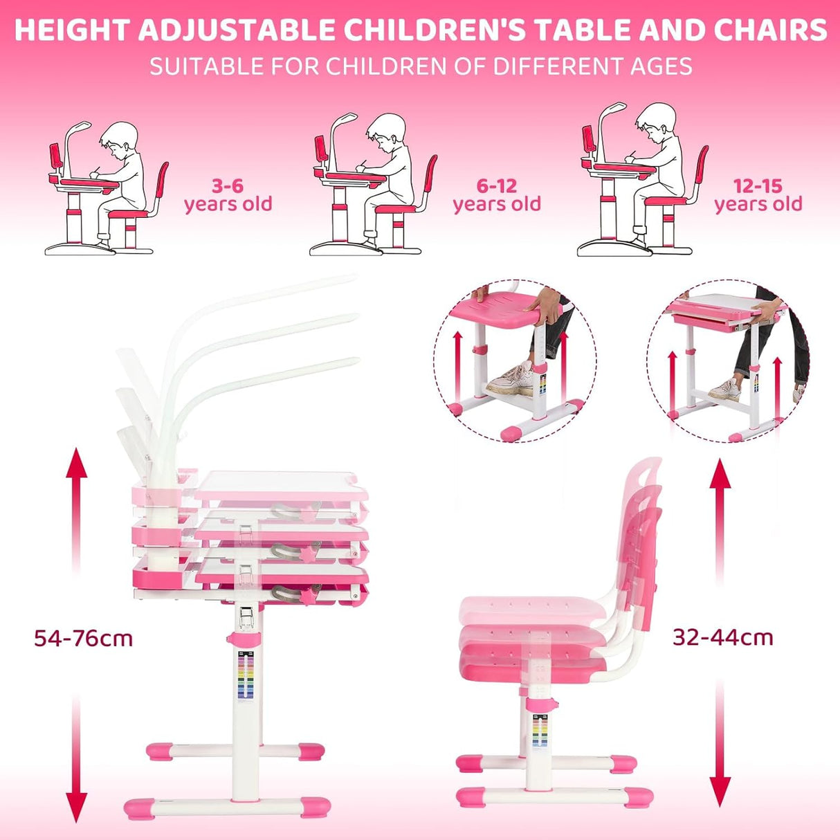Escritorio y Silla Infantil Ajustables con Luz LED y Cajón