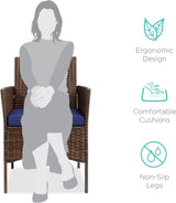 Best Choice Products Juego de 3 piezas de mimbre para exteriores, muebles de patio que ahorran espacio para patio, jardín con 2 sillas, 2 cojines, mesa de almacenamiento lateral, color marrón/azul marino