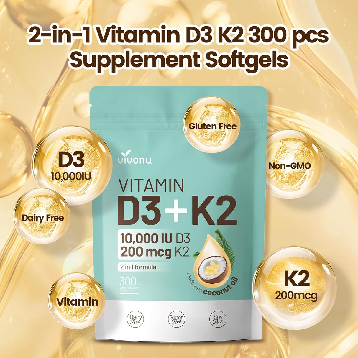 Suplemento de Vitamina D3 y K2, 10000 IU + 200 mcg, 300 Softgels