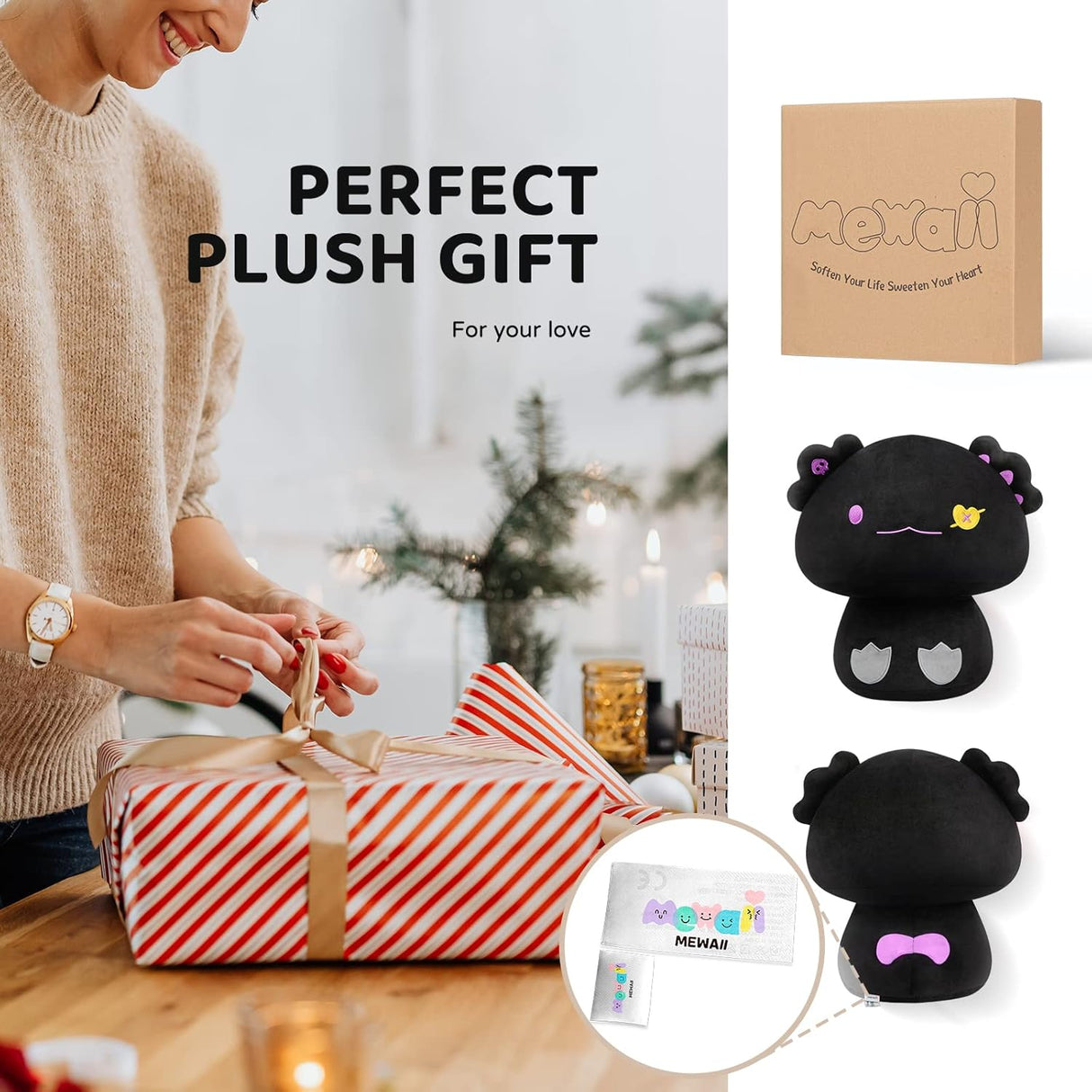 Peluche de hongos linda almohada de peluche de axolote negro