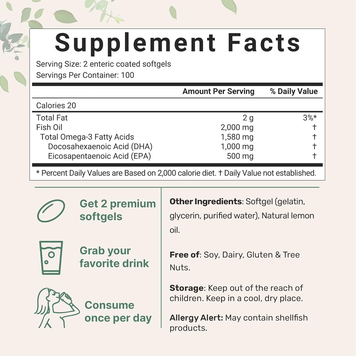 Suplementos de Aceite de Pescado Omega 3 DHA 1000mg - 200 Softgels