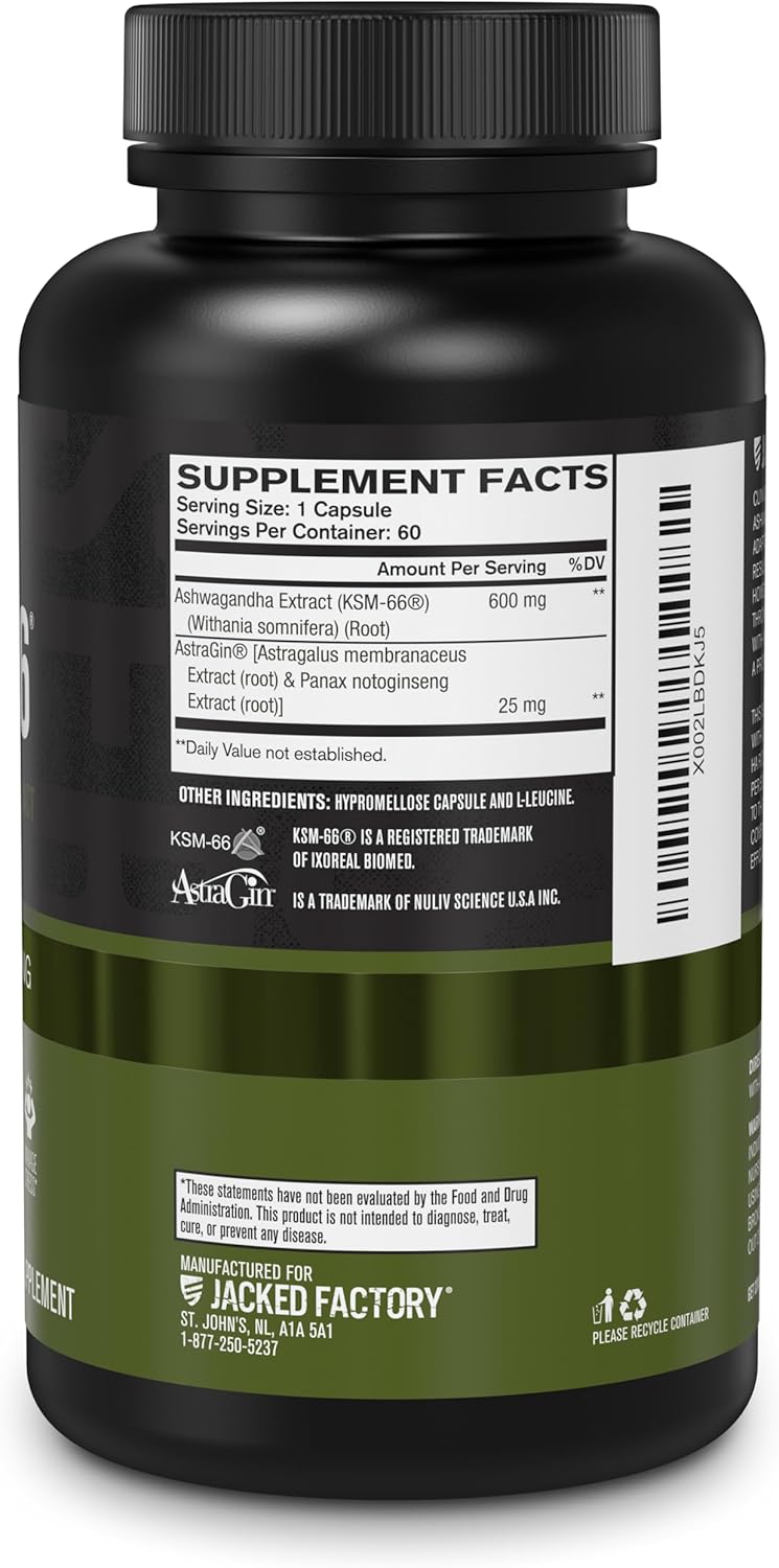 Extracto de Raíz de Ashwagandha, Jacked Factory, KSM-66, 60 Veggie