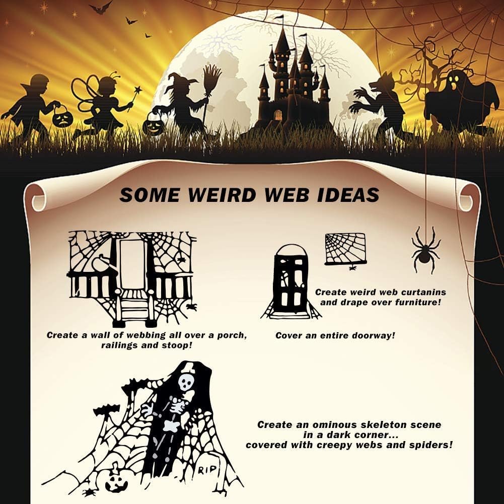 Adorno de 1400 pies2 de telarañas con 150 arañas de imitación, decoración interior y exterior muy elástica para Halloween