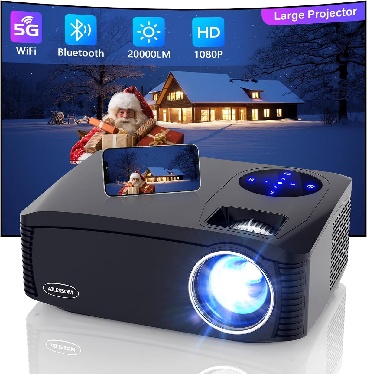 Proyector AILESSOM 1080P 20000LM 5G WiFi Bluetooth, 450