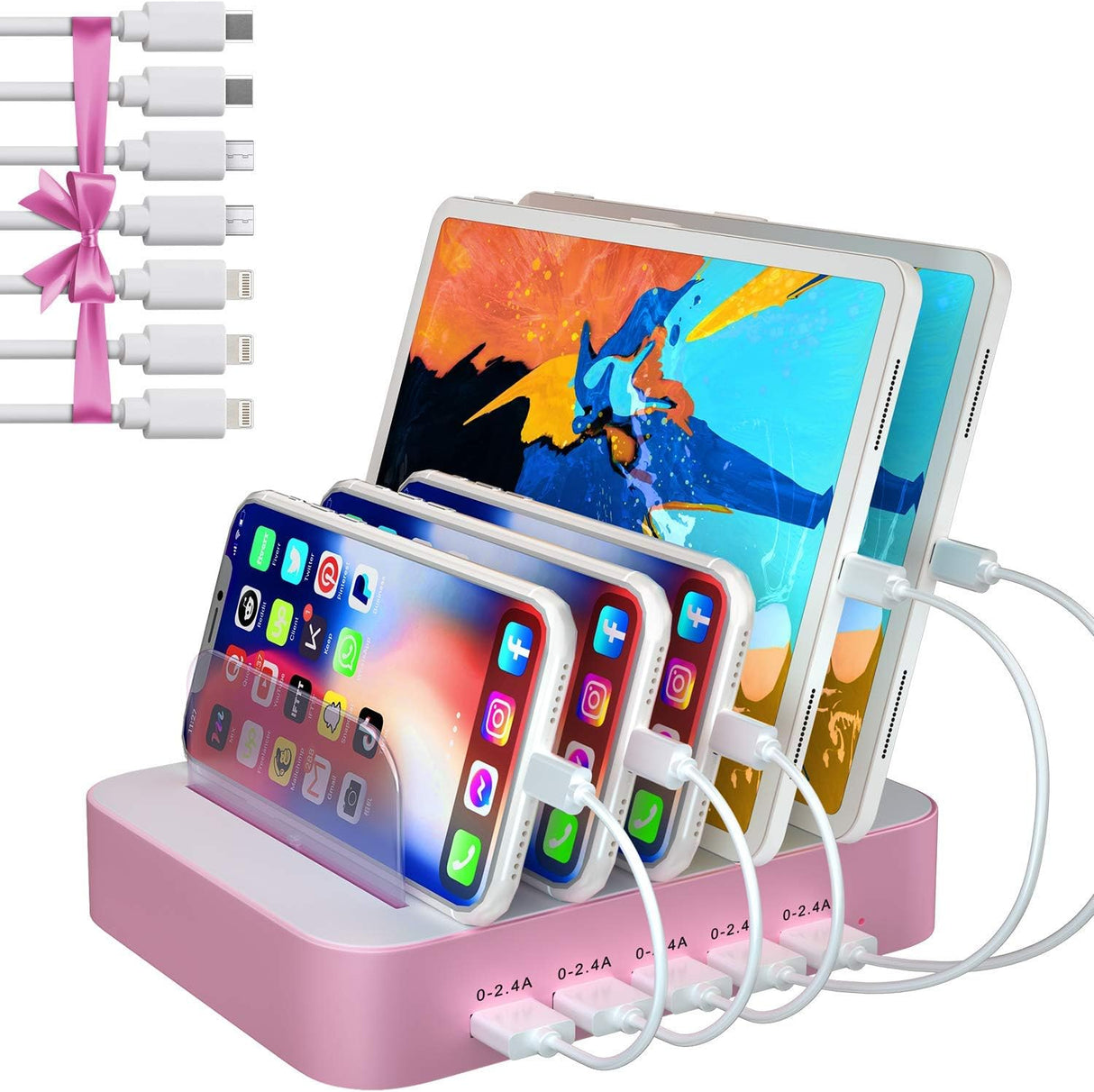 Cargador o Base de estación de carga USB de 5 puertos rosado