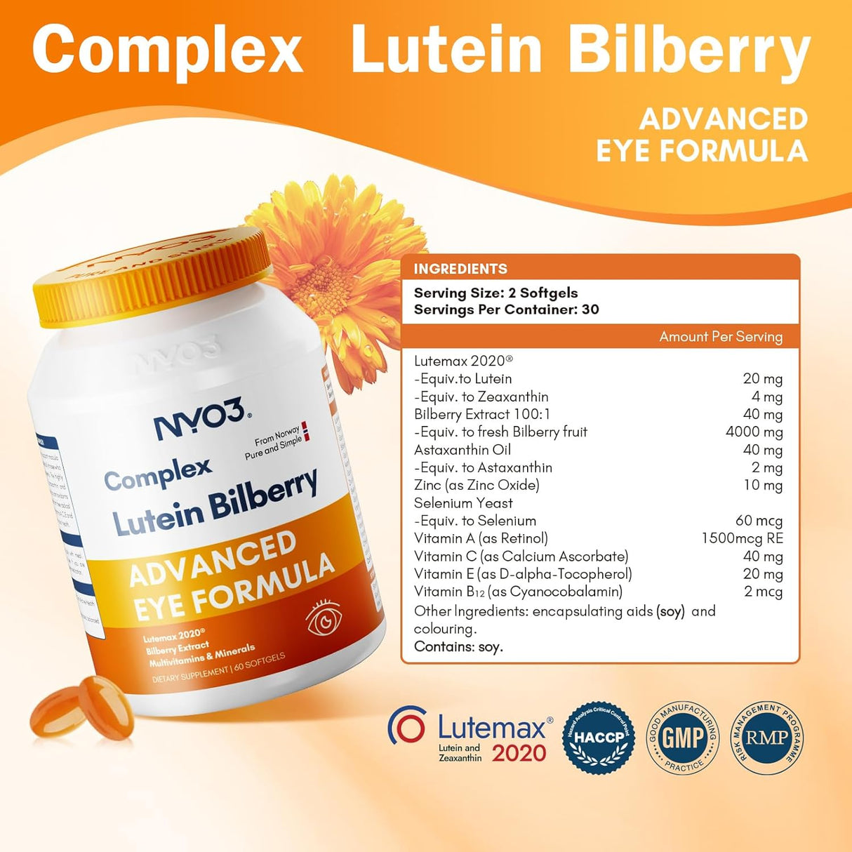 Suplemento de Luteína 20mg y Zeaxantina, Lutemax 2020, 60 cápsulas