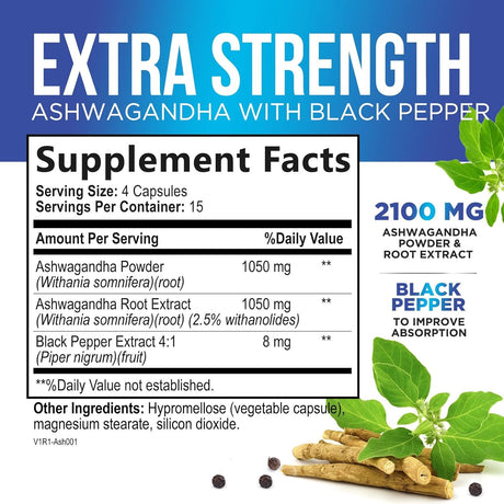 Ashwagandha 2100 mg Extra Fuerte con Pimienta Negra  60 Cápsulas