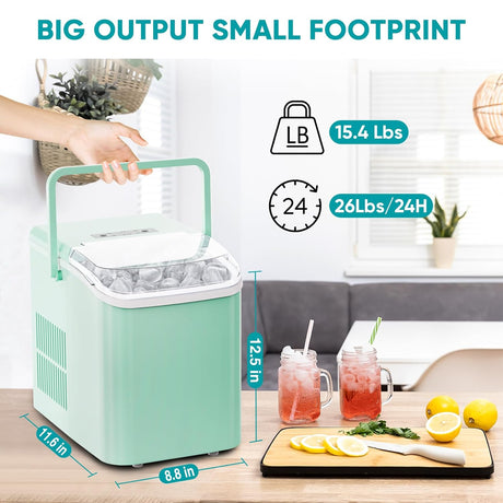 Máquina de Hielo Portátil, Auto Limpieza, 26.5lbs/24Hrs