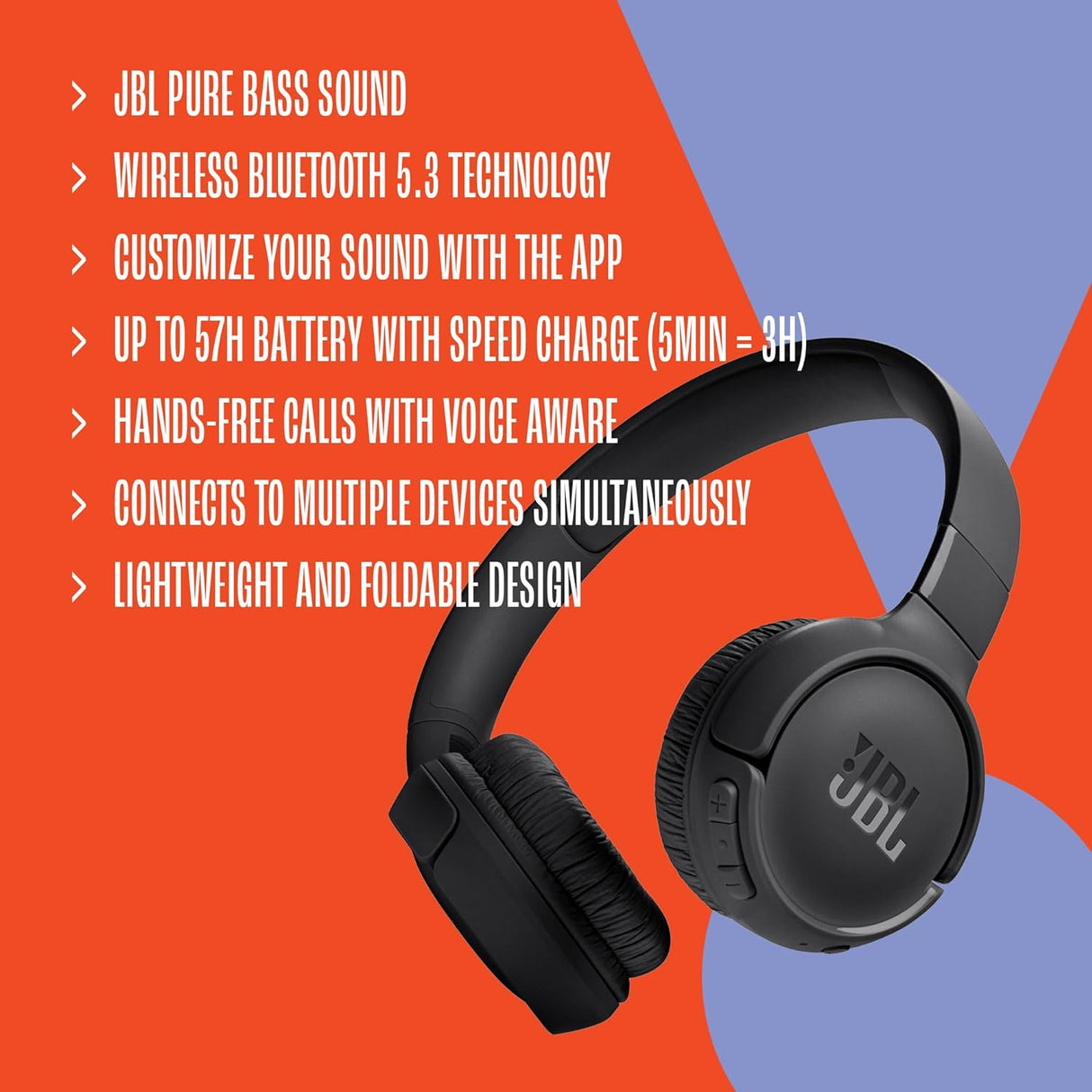 Auriculares inalámbricos JBL Tune 520BT, 57H batería, ligeros
