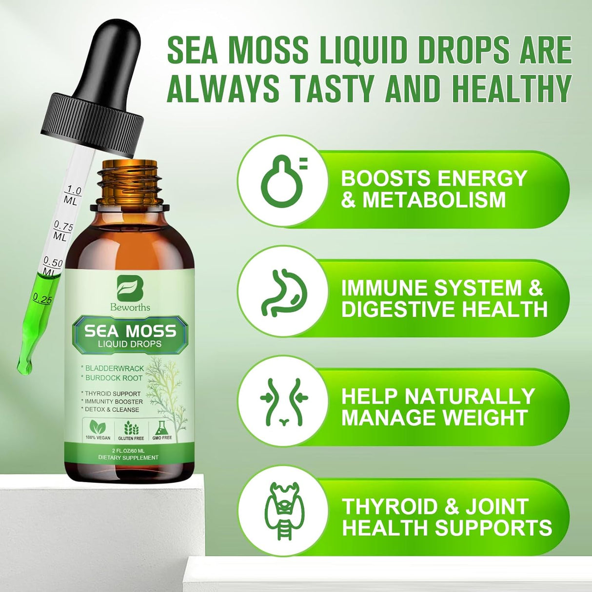 Sea Moss Líquido Orgánico con Spirulina y Burodack, 2oz