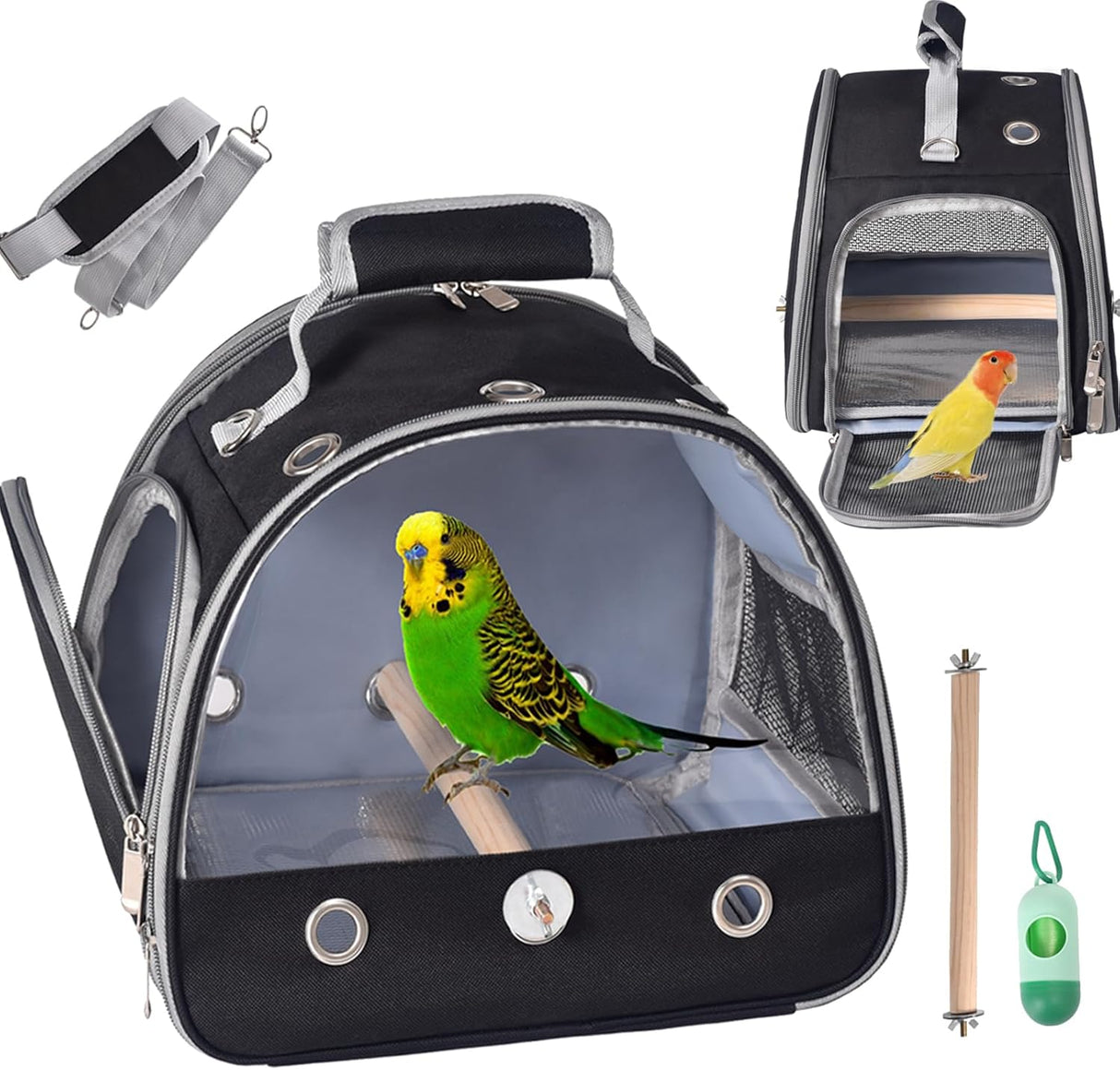 Jaula de viaje para pájaros con soporte negro