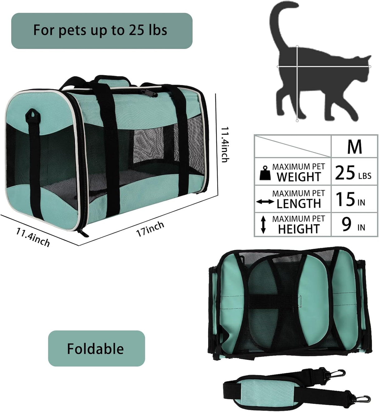 Transportin Suave Aprobado Aerolínea para Gatos y Perros 17x11x11