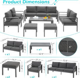 AECOJOY Muebles de patio modernos de aluminio con mesa auxiliar, juego de 7 piezas para conversación al aire libre con cojines gris oscuro para balcón, porche, césped y más