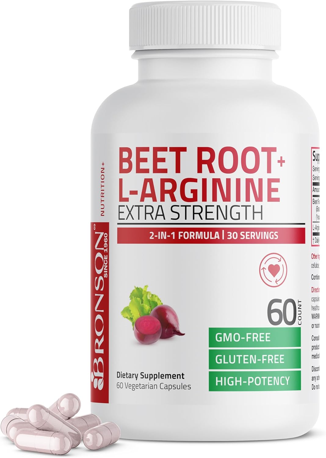 Suplemento Bronson Betabel + L-Arginina, 60 Cápsulas Veganas