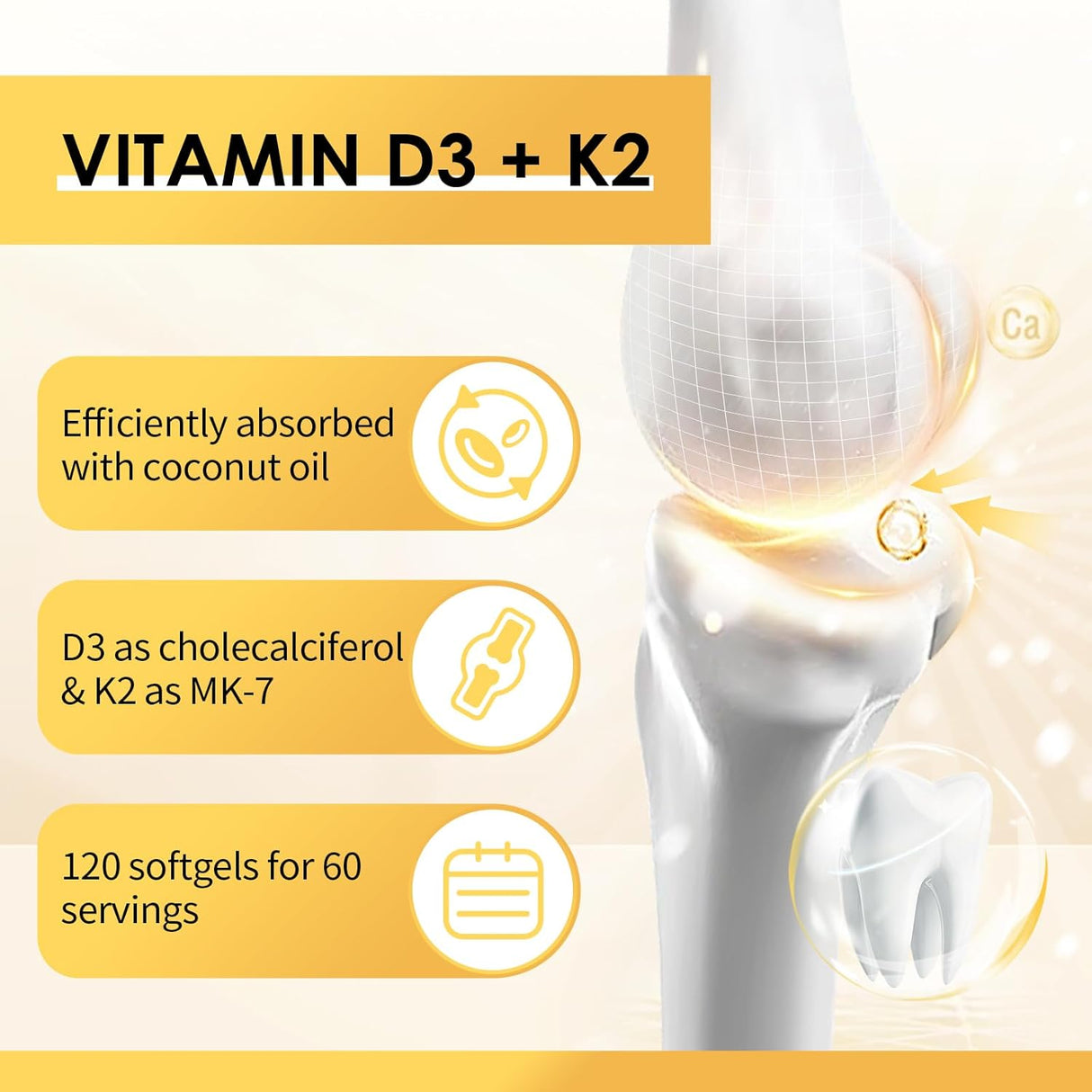 Suplemento de Vitamina D3 K2, 120 cápsulas, Natural Coconut