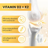 Suplemento de Vitamina D3 K2, 120 cápsulas, Natural Coconut