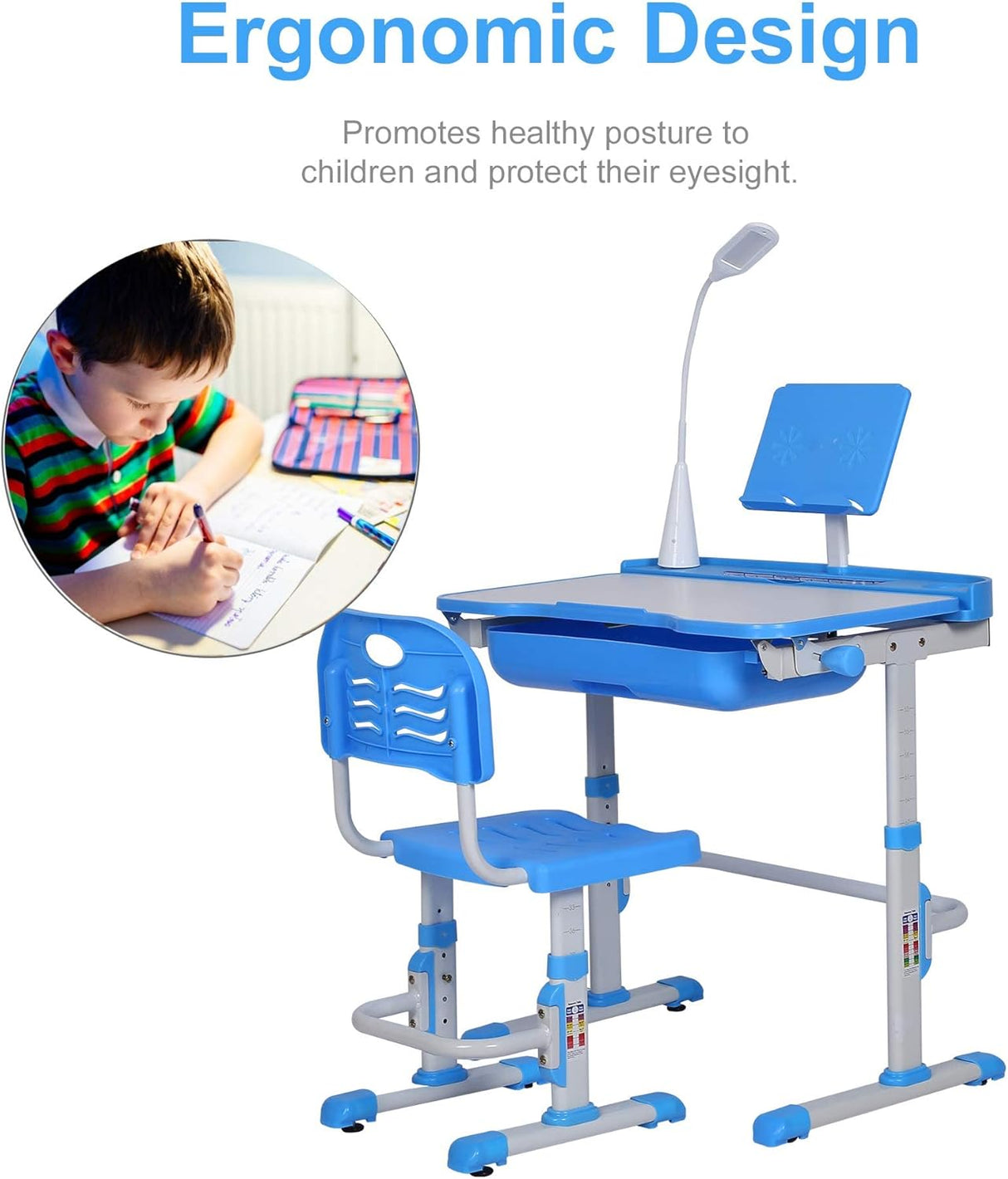 Set Escritorio y Silla Infantil Ajustable con Luz LED y Cajón