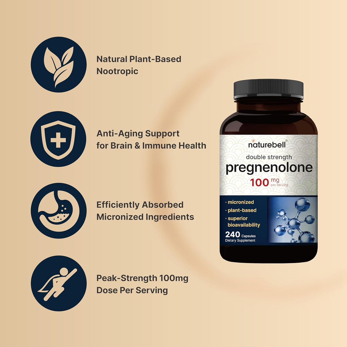 Pregnenolona 100mg, 240 Cápsulas, Alta Absorción, No GMO