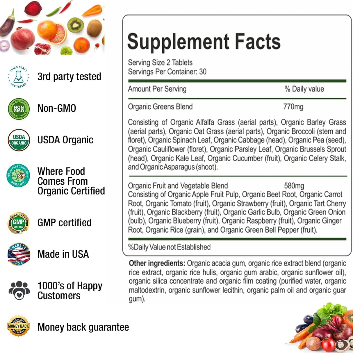 Suplemento Complejo orgánico de frutas y verduras  120 unid