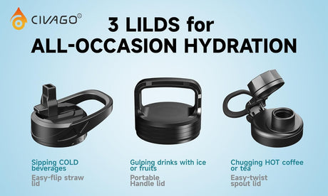 CIVAGO Botella de agua aislada de 32 onzas con pajilla, botella de agua deportiva de acero inoxidable con 3 tapas (pajilla, boquilla y tapa de asa), taza térmica de viaje de boca ancha, negro medianoche