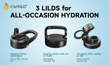 CIVAGO - Botella de agua deportiva con aislamiento térmico de 32 onzas fluidas; termo de acero inoxidable de boca ancha con 3 tapas (con sorbete, boquilla y asa) ideal para viajar, color naranja