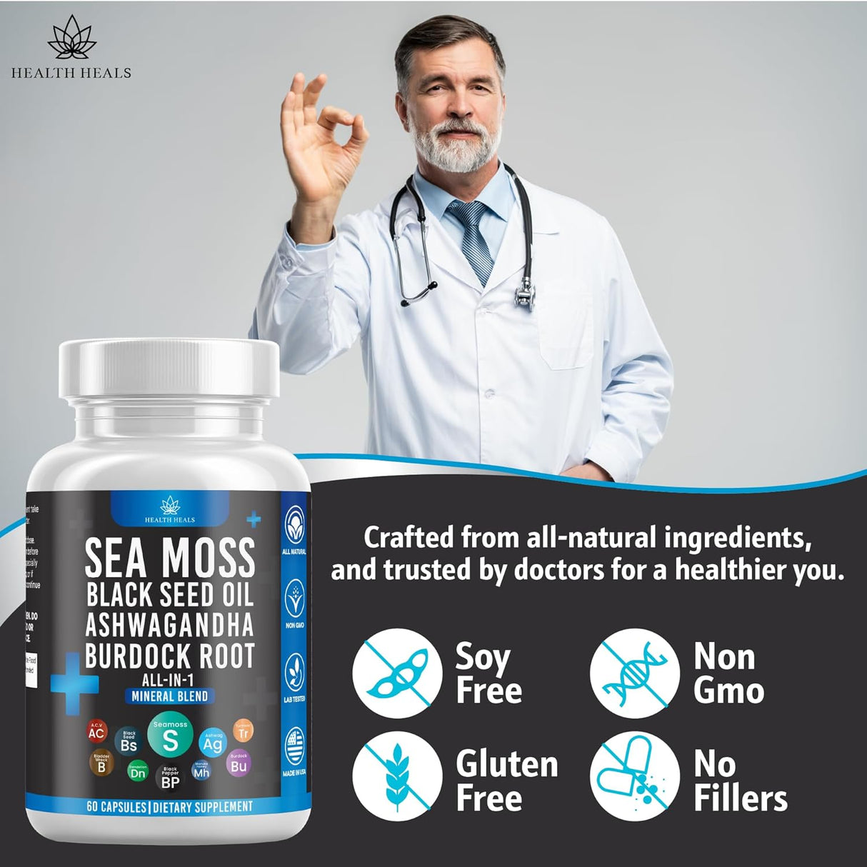 Sea Moss Black Seed Oil Ashwagandha Bladderwrack Burdock - 180 Cápsulas