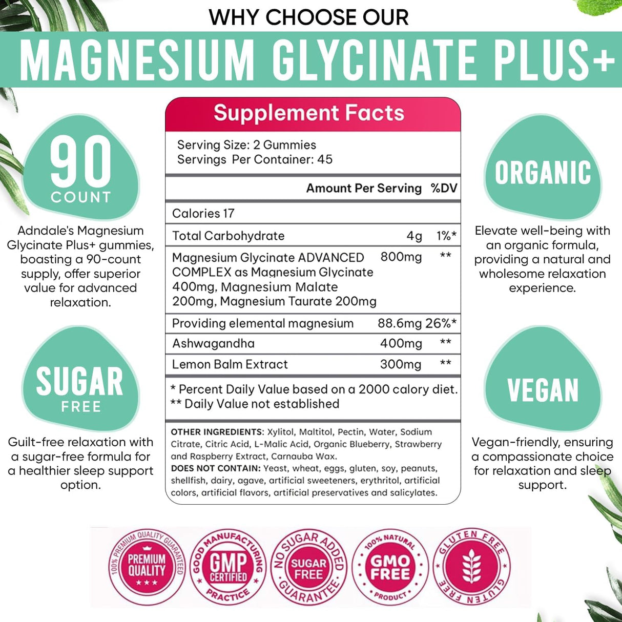 180 Gummies Magnesio Glycinato con Ashwagandha, Sin Azúcar