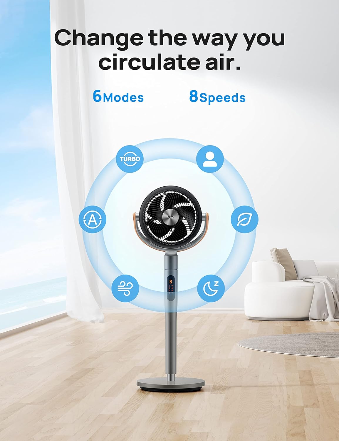 Ventilador Dreo de Pie, Oscilante, 8 Velocidades, Ajustable