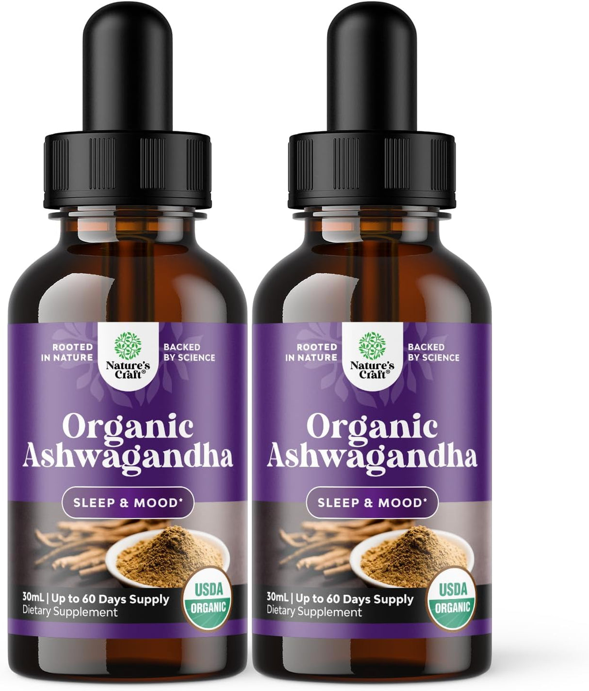 Gotas de Ashwagandha Orgánica USDA - Adaptógeno Sin Azúcar 2 Pck