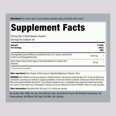 Suplemento de Ashwagandha 4500 mg Piping Rock 240 Cápsulas