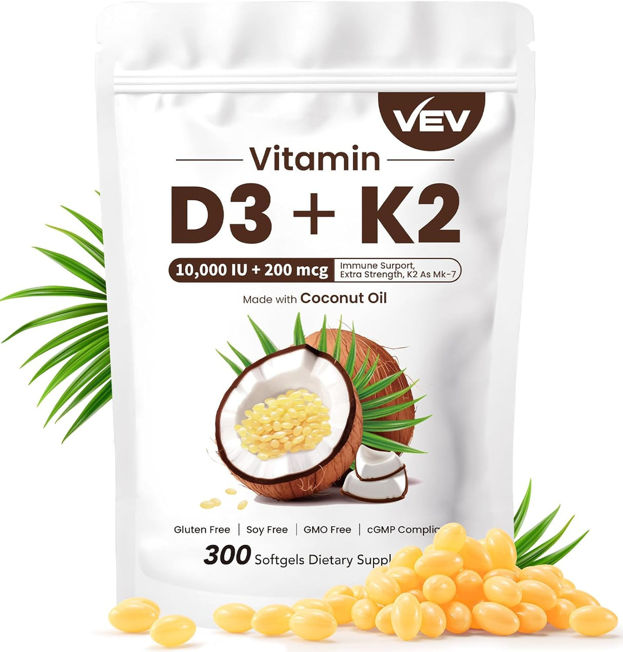 VEV Suplemento Vitamínico D3 K2 10000 IU, 300 Softgels