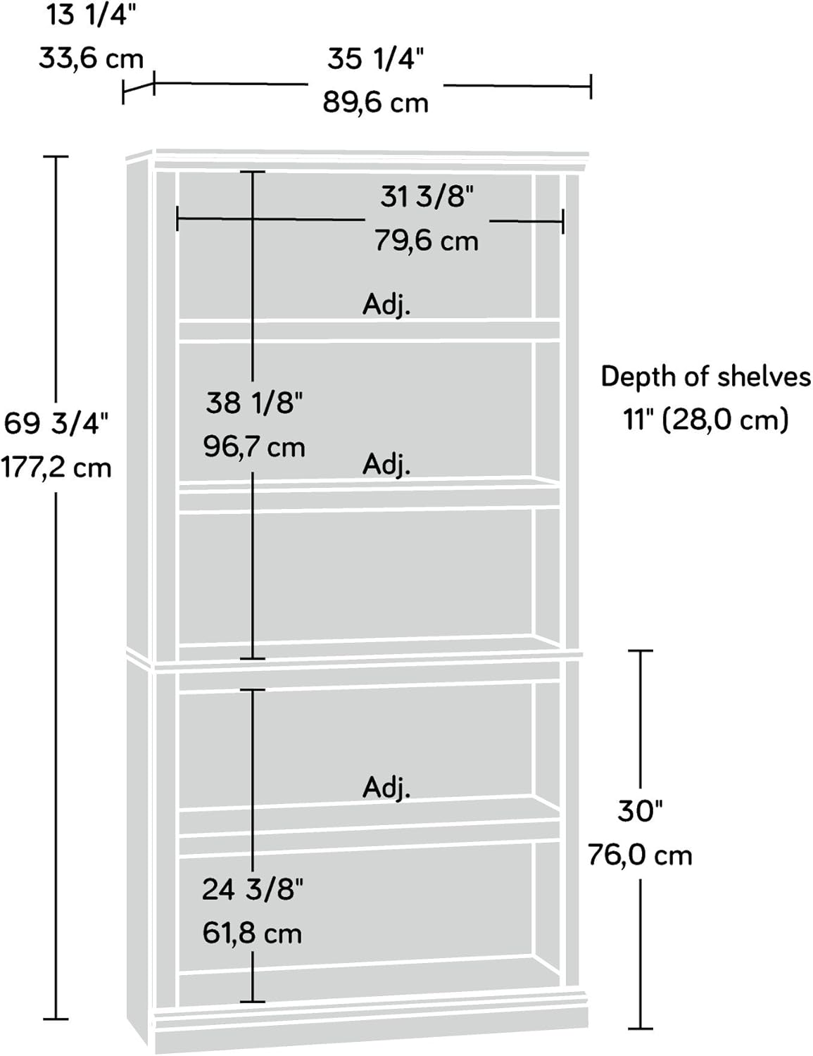 Estantería de 5 estantes Sauder, 35.28x13.23x69.76, modelo