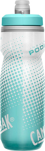 CamelBak Podium Chill Botella de agua aislada para bicicleta, botella fácil de apretar, se adapta a la mayoría de jaulas de bicicleta, 21 onzas, lunares verde azulado
