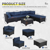 Lviden Juego de muebles de mimbre PE para exteriores, 7 piezas, juego de sofá de conversación seccional de ratán para patio, con cojines azul marino y mesa superior de vidrio