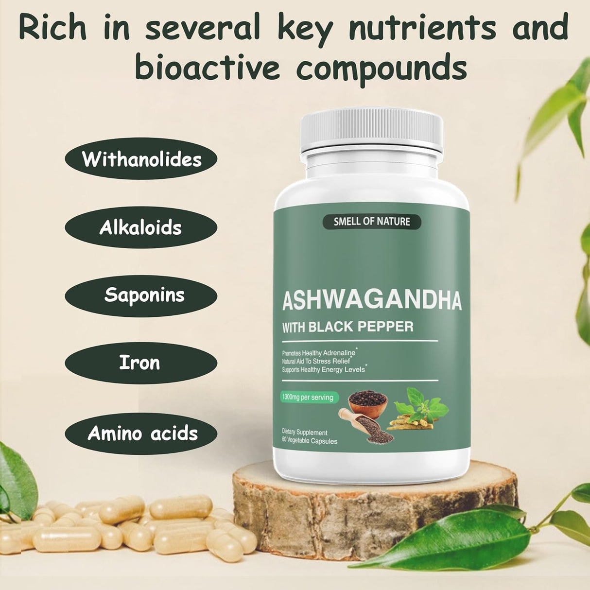 Suplementos de Ashwagandha Nature’s Smell 1300mg 60 Cápsulas