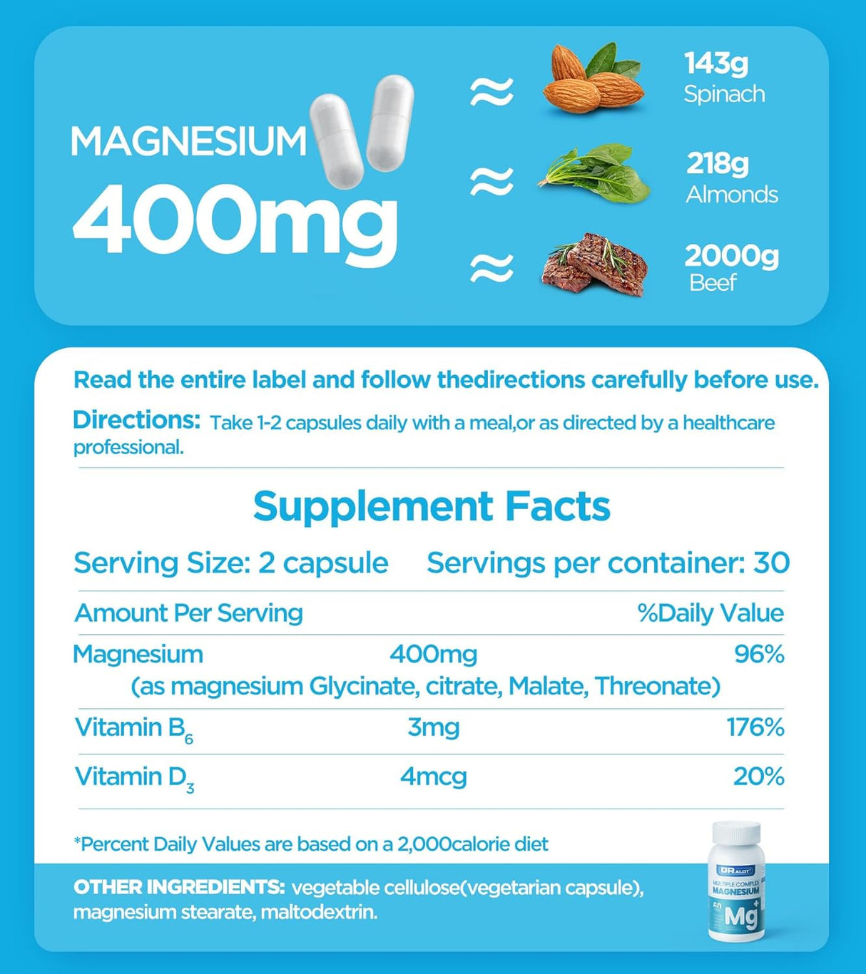 Suplemento de Magnesio Cuádruple, 400mg, Vit D3 & B6, 60 cápsulas